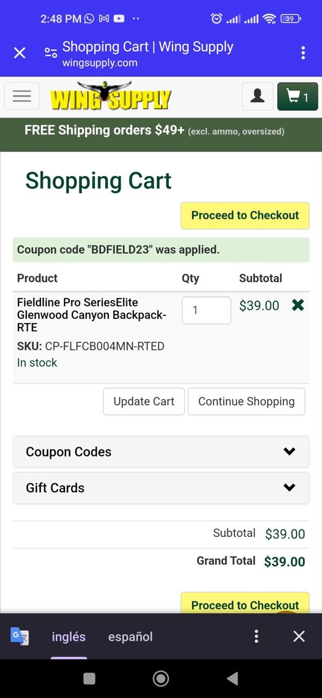 Wing Supply checkout page showing Wing Supply coupon code box | Screenshot taken by SimplyCodes community member on Oct 20, 2023