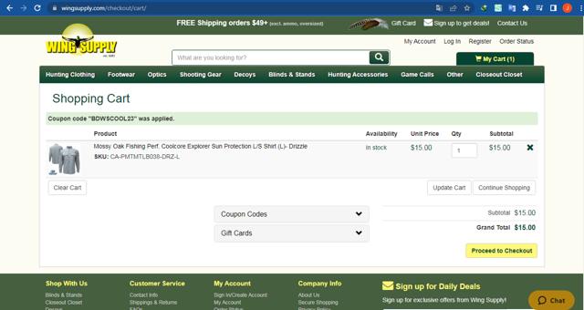 Wing Supply checkout page showing Wing Supply coupon code box | Screenshot taken by SimplyCodes community member on Oct 26, 2023