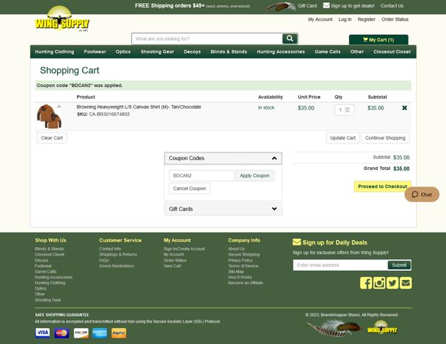Wing Supply checkout page showing Wing Supply coupon code box | Screenshot taken by SimplyCodes community member on Nov 16, 2023