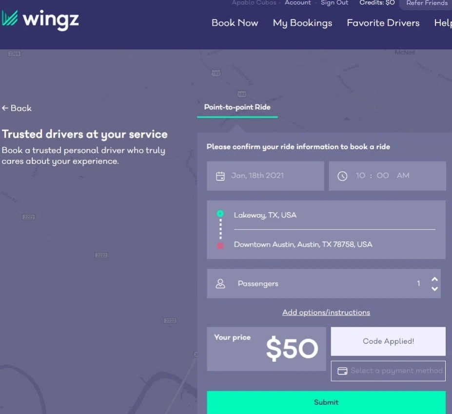 Wingz checkout page showing Wingz promo code box | Screenshot taken by SimplyCodes community member on Feb 12, 2021