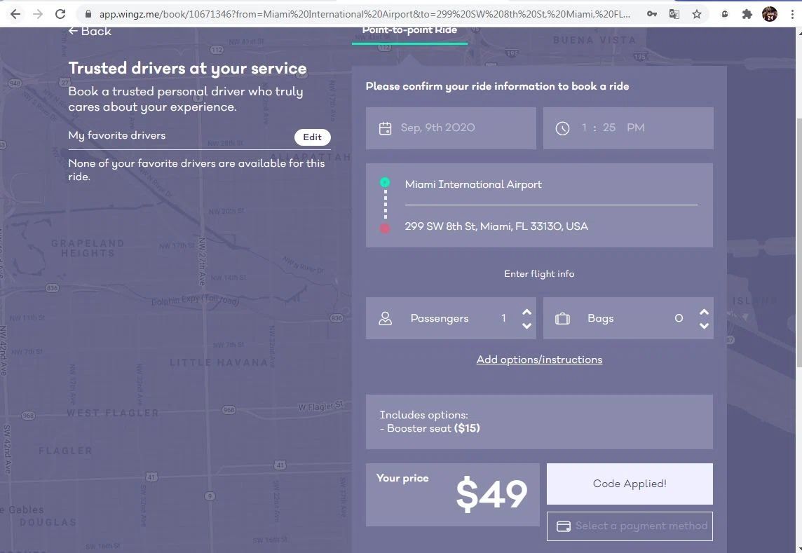 Wingz checkout page showing Wingz promo code box | Screenshot taken by SimplyCodes community member on Sep 5, 2020