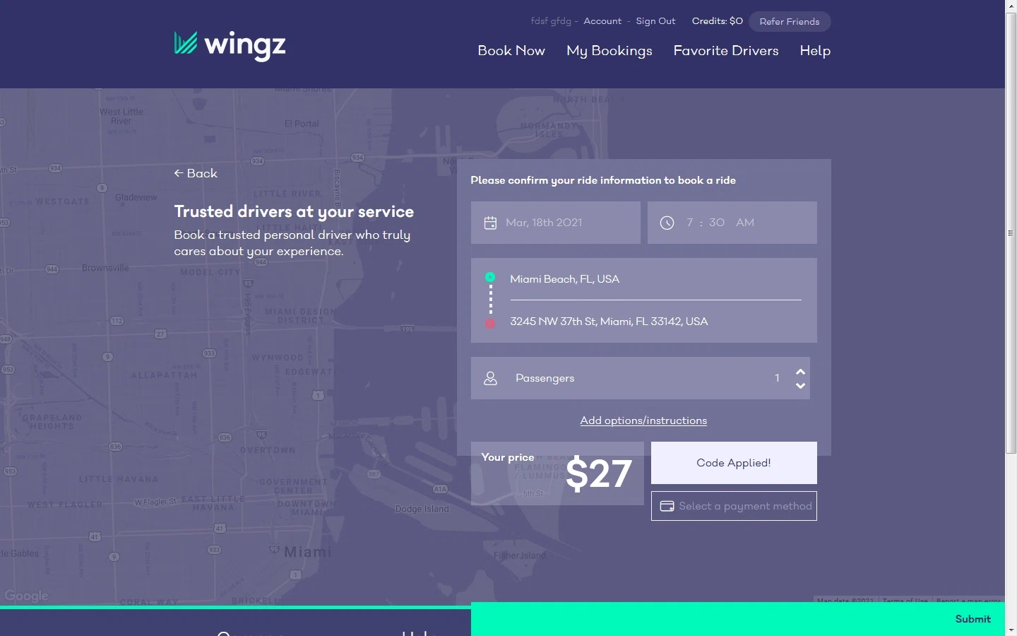 Wingz checkout page showing Wingz promo code box | Screenshot taken by SimplyCodes community member on Mar 13, 2021