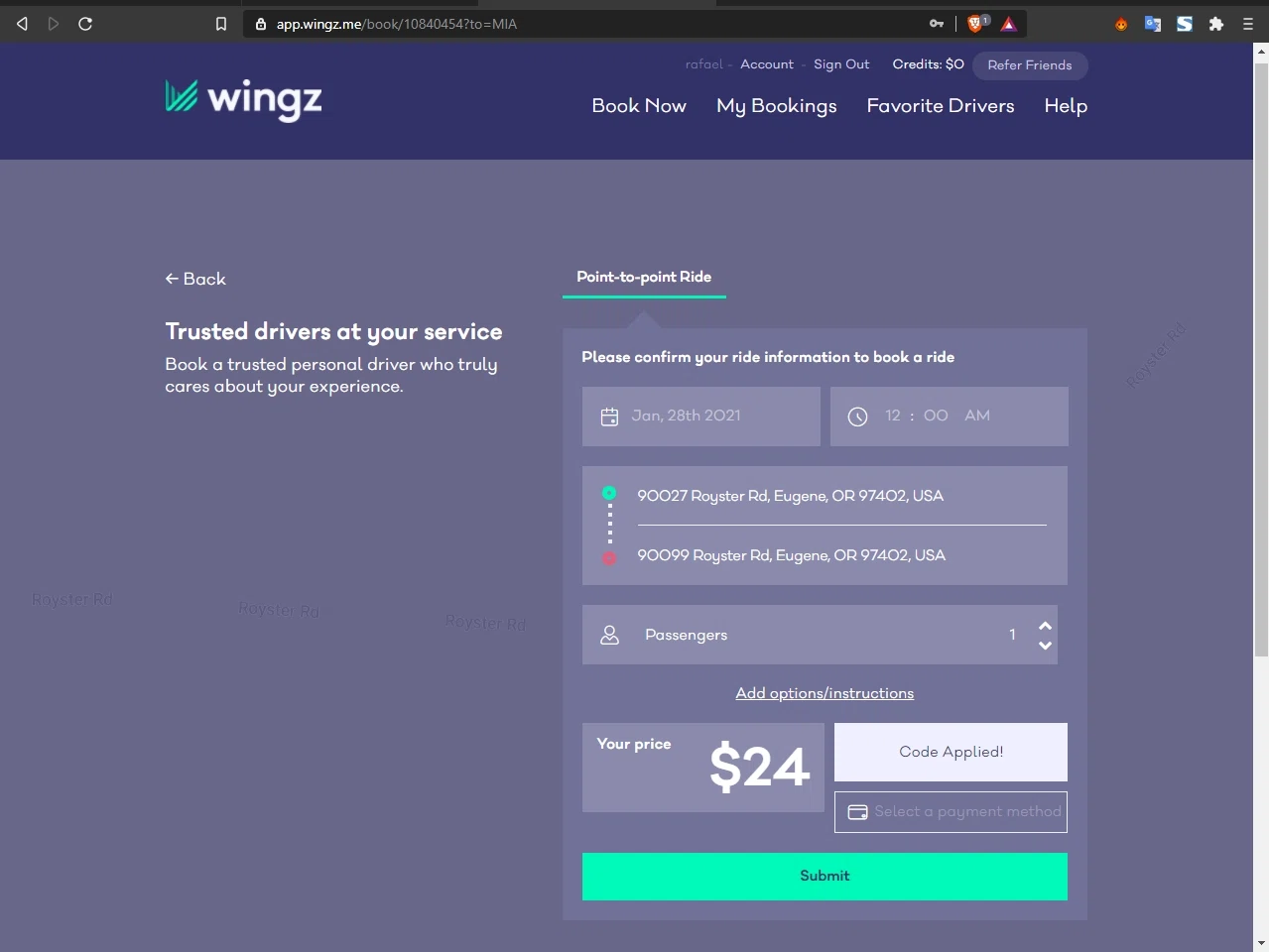 Wingz checkout page showing Wingz promo code box | Screenshot taken by SimplyCodes community member on Jan 6, 2021