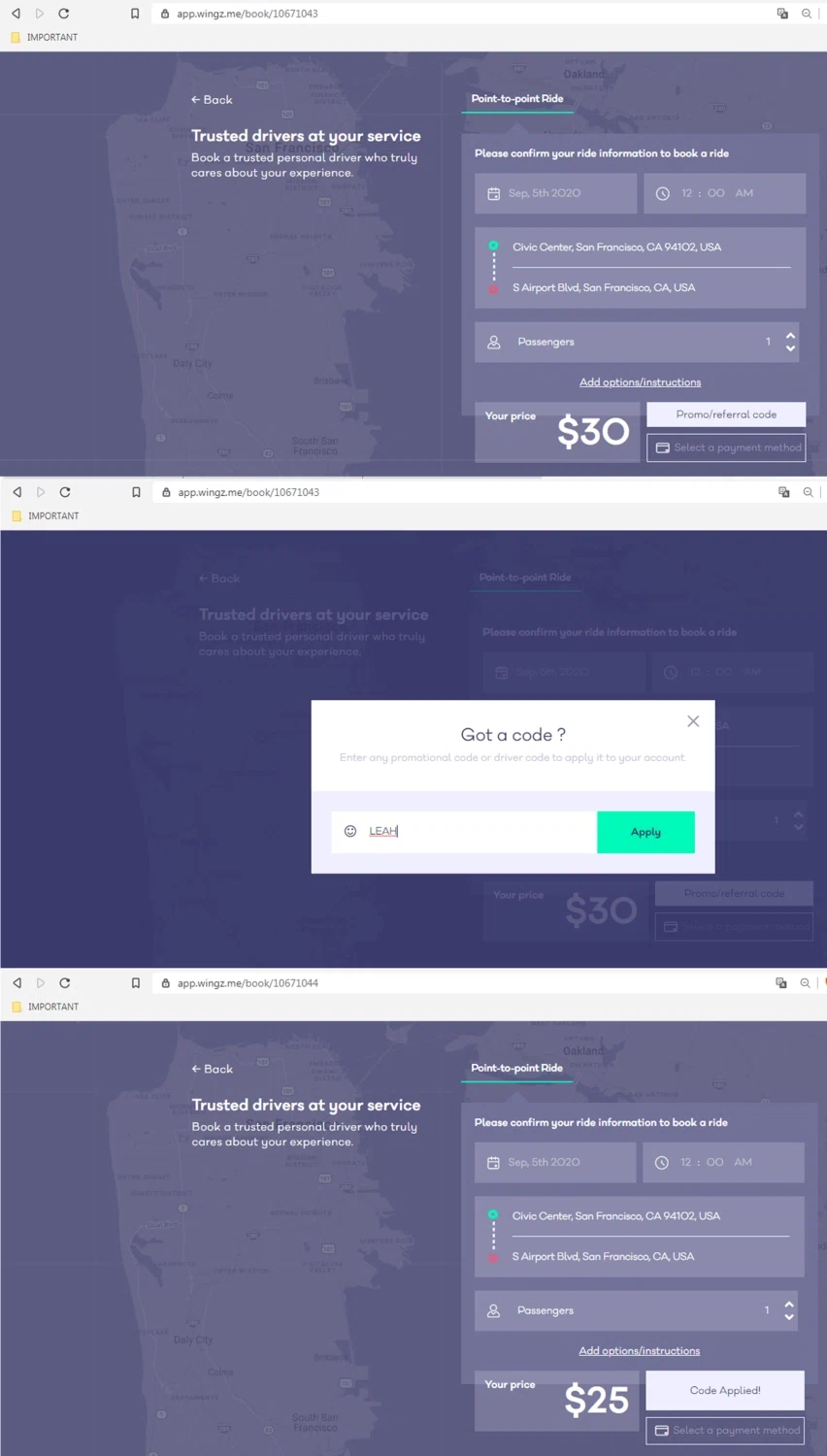 Wingz checkout page showing Wingz promo code box | Screenshot taken by SimplyCodes community member on Sep 4, 2020