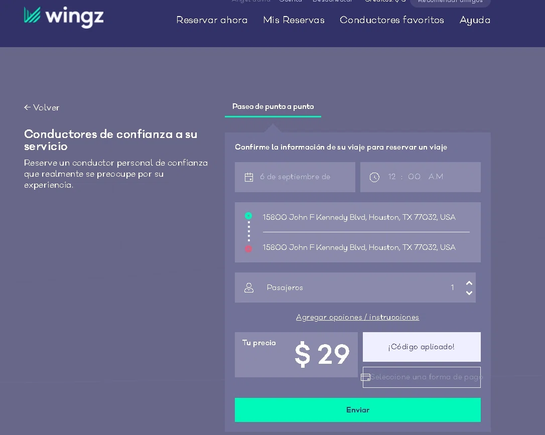 Wingz checkout page showing Wingz promo code box | Screenshot taken by SimplyCodes community member on Sep 4, 2020