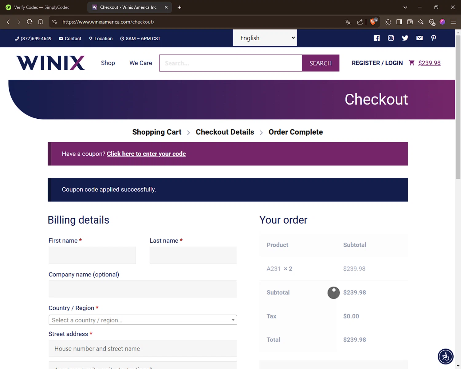 Winix America coupon code screenshot showing code SAVE10 applied at Winix America checkout page. Uploaded by SimplyCodes community member Puta_madre10 on Mar 1, 2025