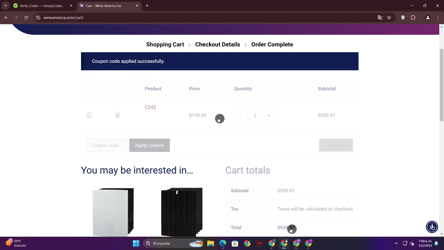 Winix America coupon code screenshot showing code WECARE applied at Winix America checkout page. Uploaded by SimplyCodes community member ElCazarecompensas on Feb 3, 2025