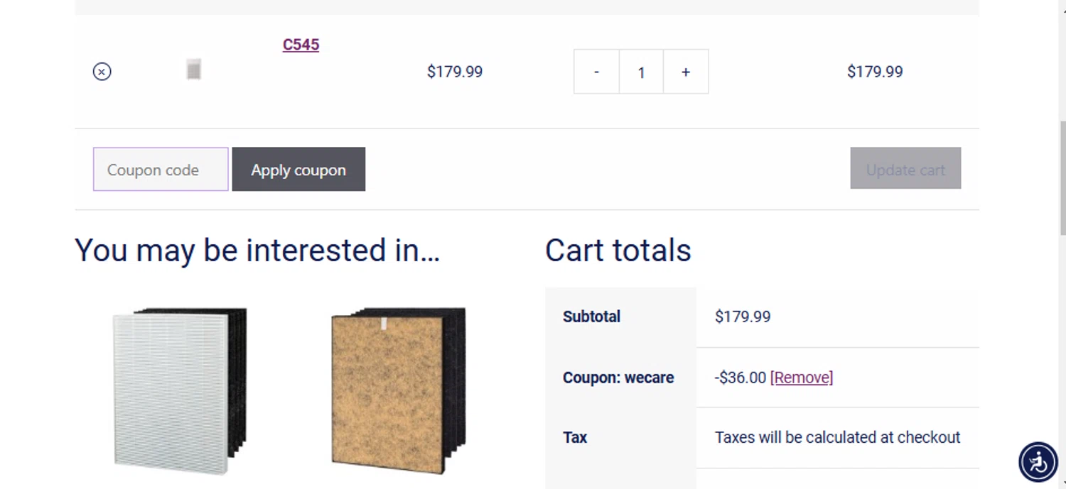 Winix America coupon code screenshot showing code WECARE applied at Winix America checkout page. Uploaded by SimplyCodes community member OsbelSanchez23 on Mar 1, 2025