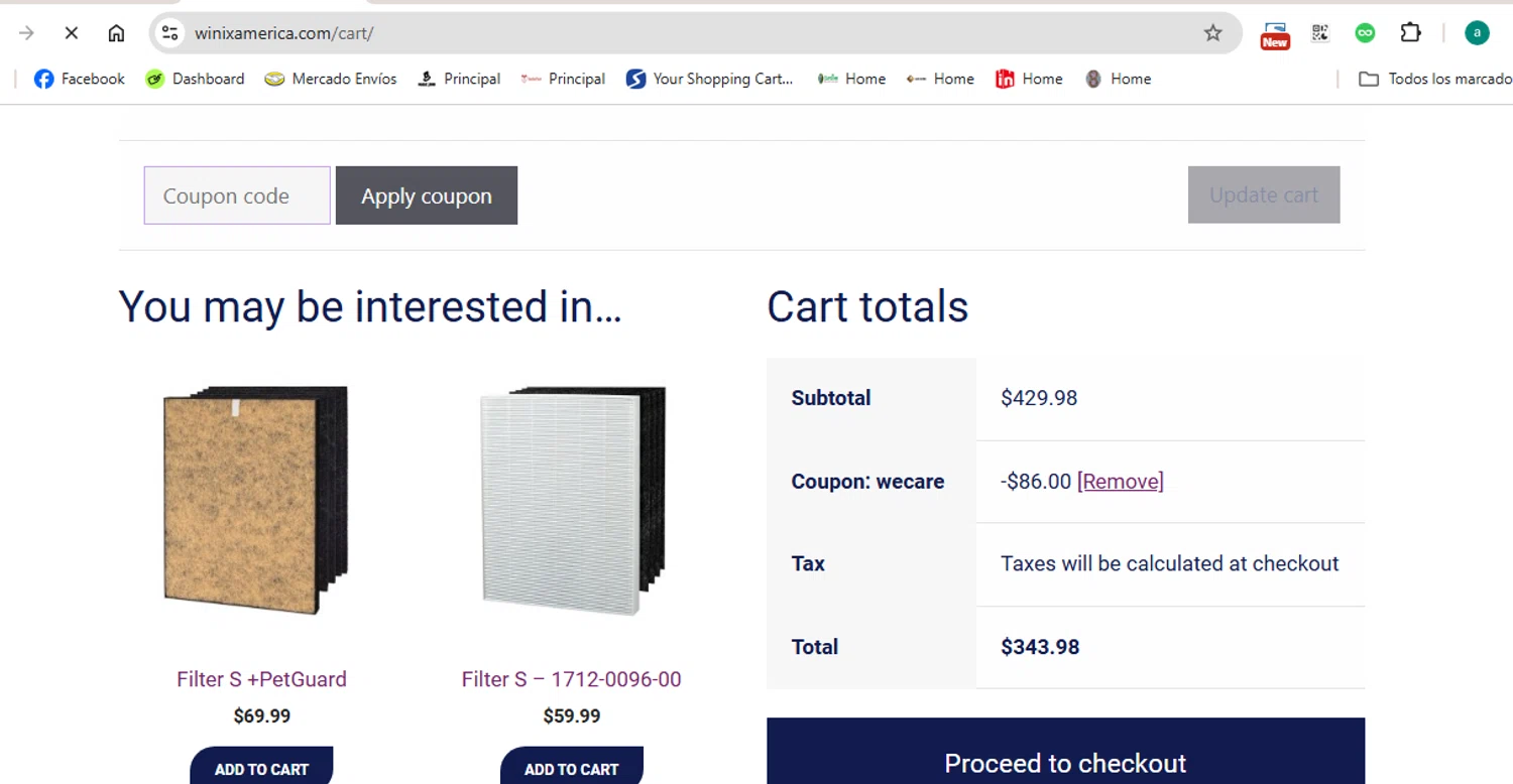 Winix America coupon code screenshot showing code WECARE applied at Winix America checkout page. Uploaded by SimplyCodes community member anthonydiaz1 on Feb 16, 2025