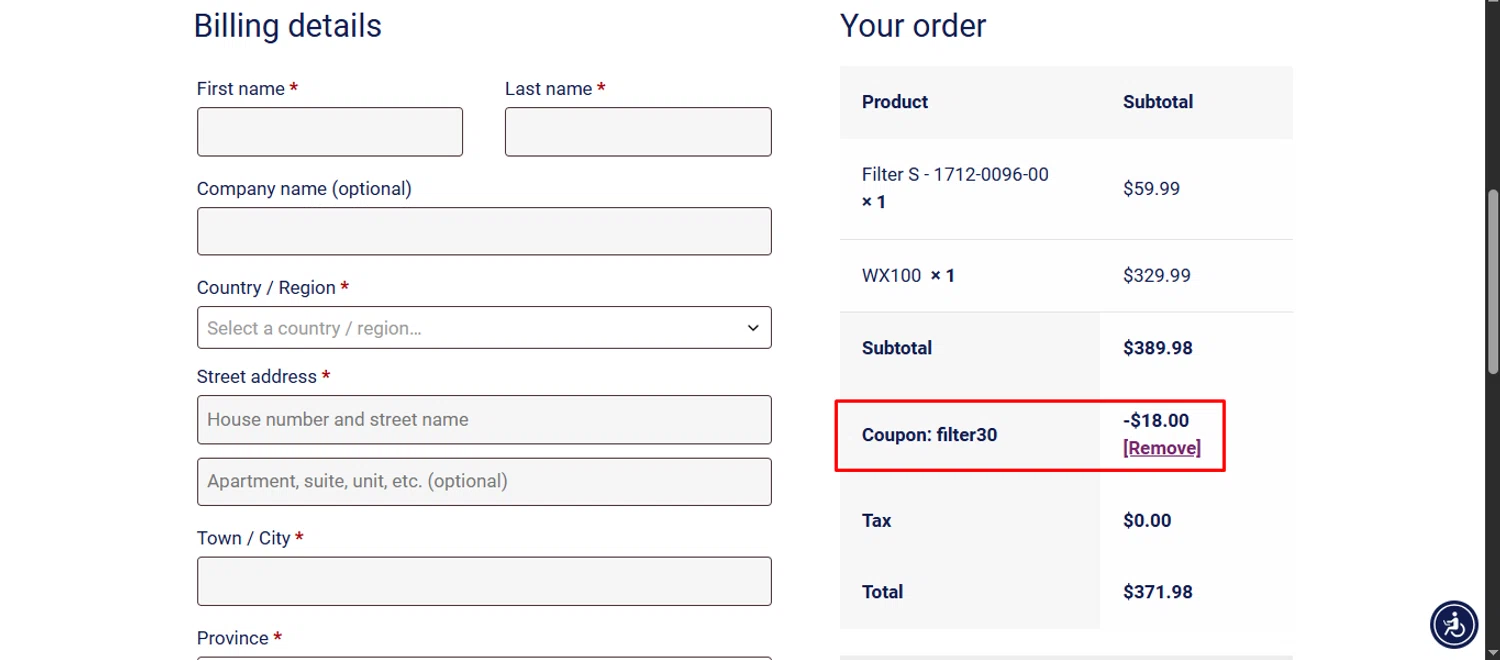 Winix America checkout page showing Winix America coupon code box | Screenshot taken by SimplyCodes community member on Oct 30, 2025