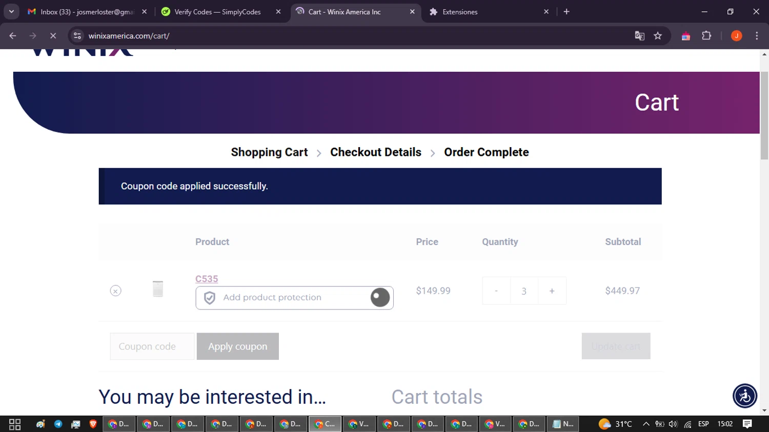 Winix America coupon code screenshot showing code easybreathing applied at Winix America checkout page. Uploaded by SimplyCodes community member NobleAce2304 on Jan 26, 2025