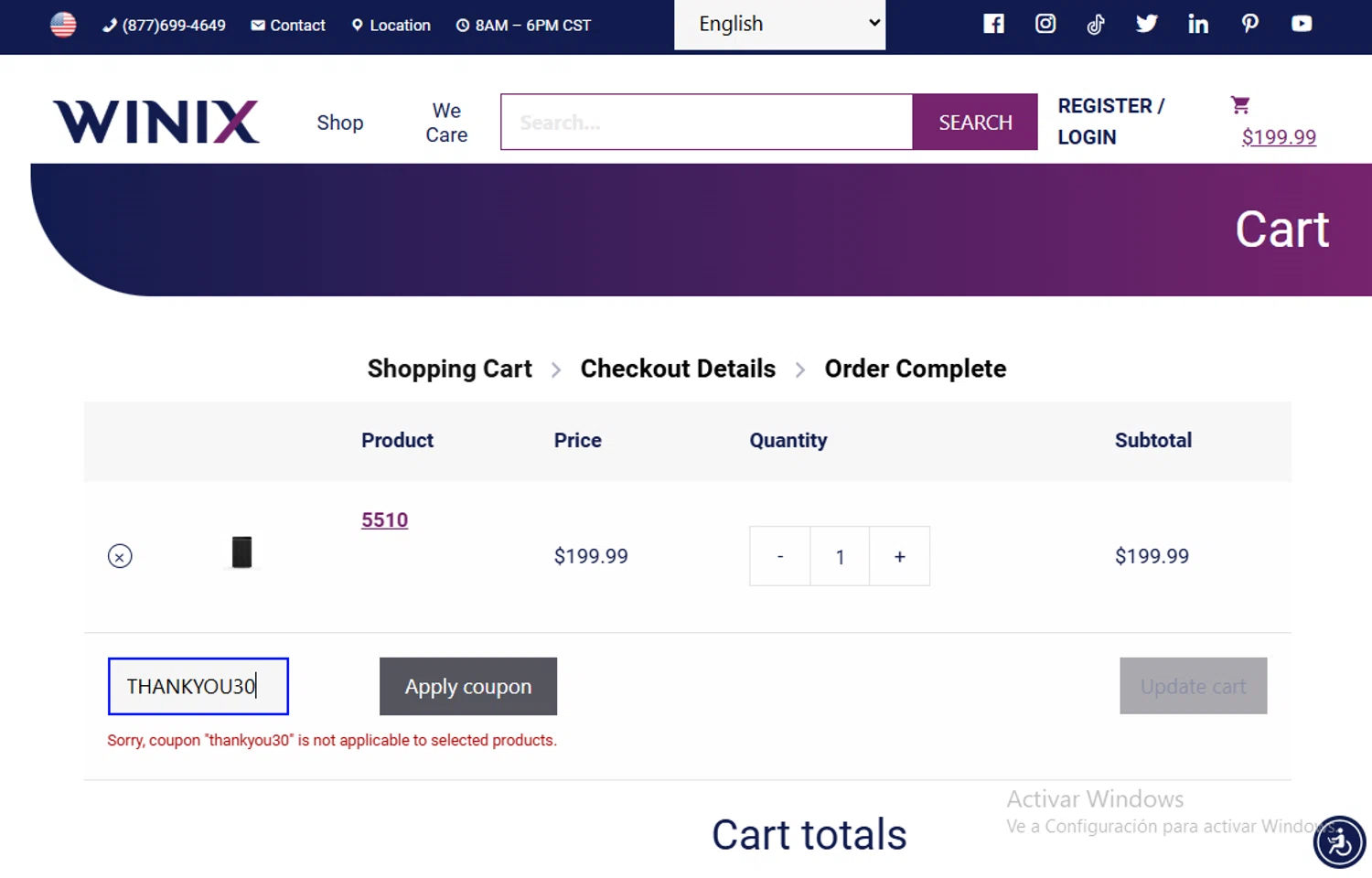 Winix America coupon code screenshot showing code THANKYOU30 applied at Winix America checkout page. Uploaded by SimplyCodes community member Gary_23 on Dec 4, 2025