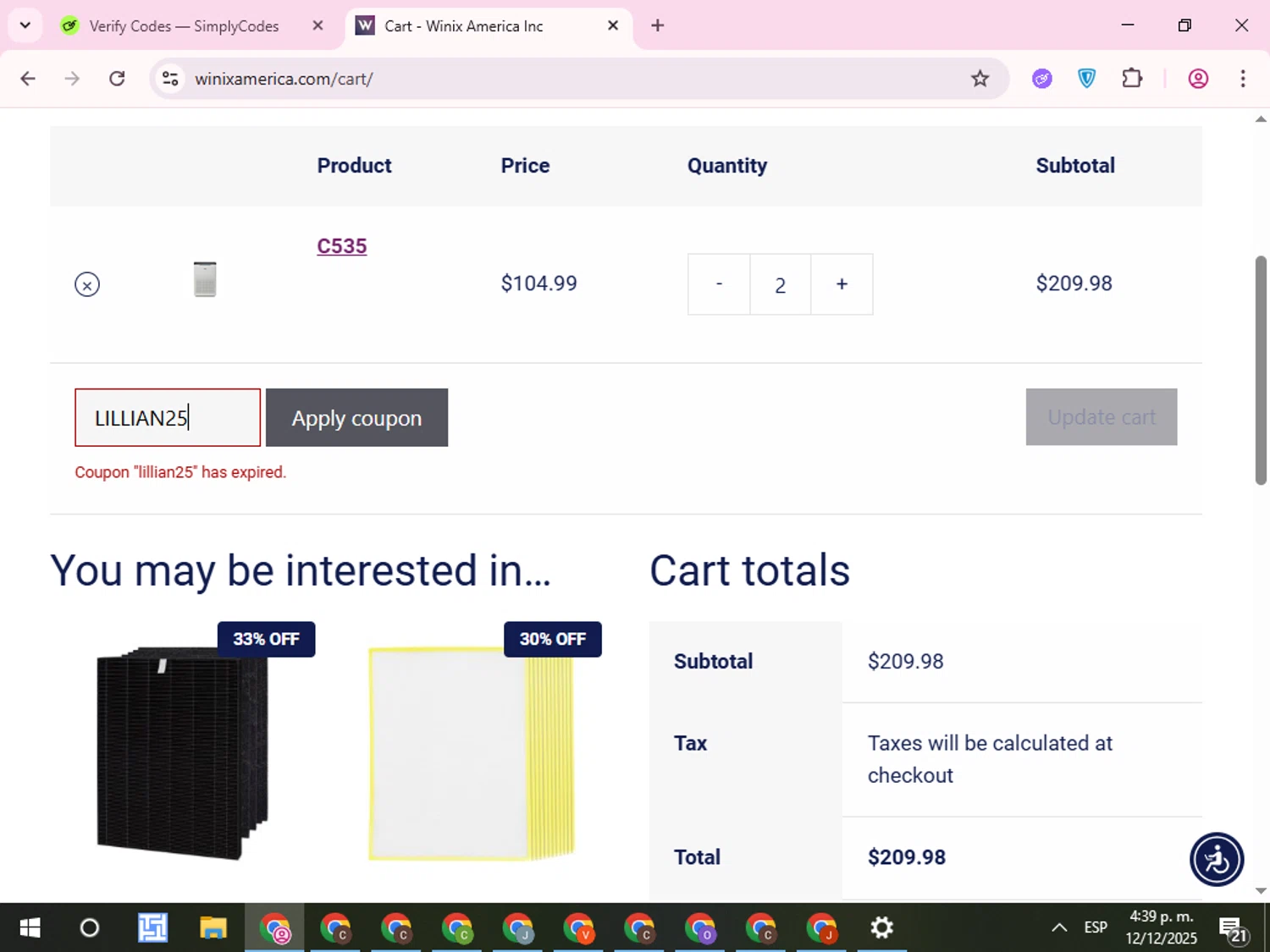Winix America coupon code screenshot showing code LILLIAN25 applied at Winix America checkout page. Uploaded by SimplyCodes community member QuestCurator1644 on Dec 12, 2025