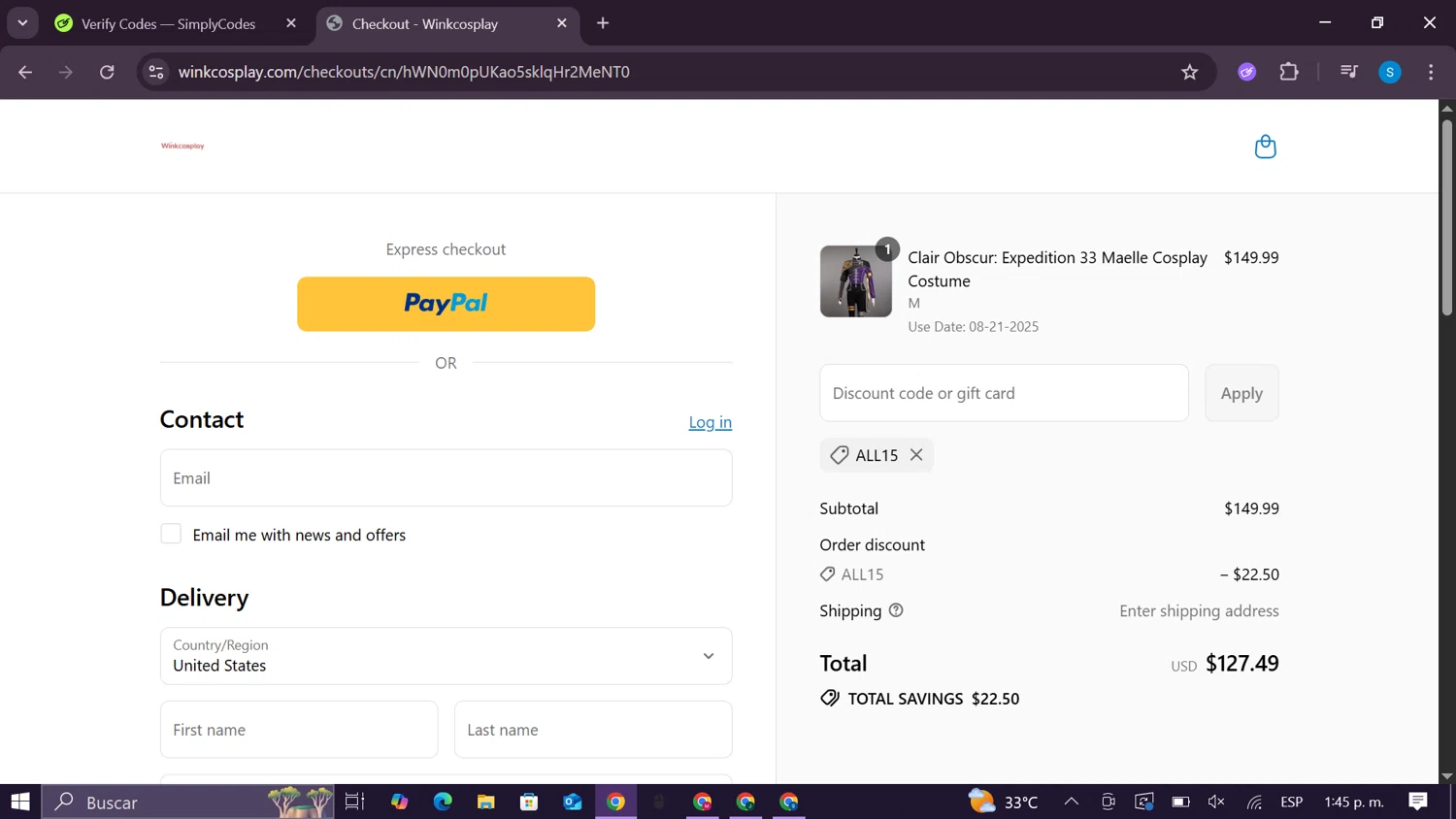 Winkcosplay promo code screenshot showing code ALL15 applied at Winkcosplay checkout page. Uploaded by SimplyCodes community member CodeExpert981 on Jul 18, 2025
