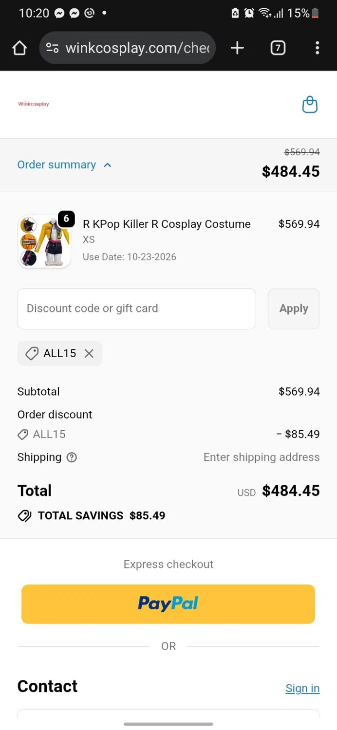 Winkcosplay promo code screenshot showing code ALL15 applied at Winkcosplay checkout page. Uploaded by SimplyCodes community member miguelcrast on Oct 27, 2025