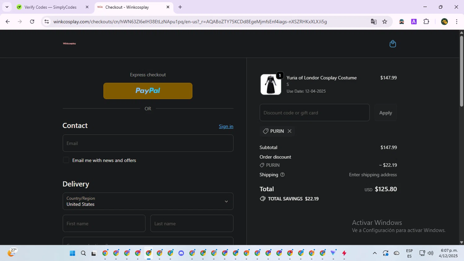 Winkcosplay promo code screenshot showing code PURIN applied at Winkcosplay checkout page. Uploaded by SimplyCodes community member RewardNavigator9728 on Dec 4, 2025