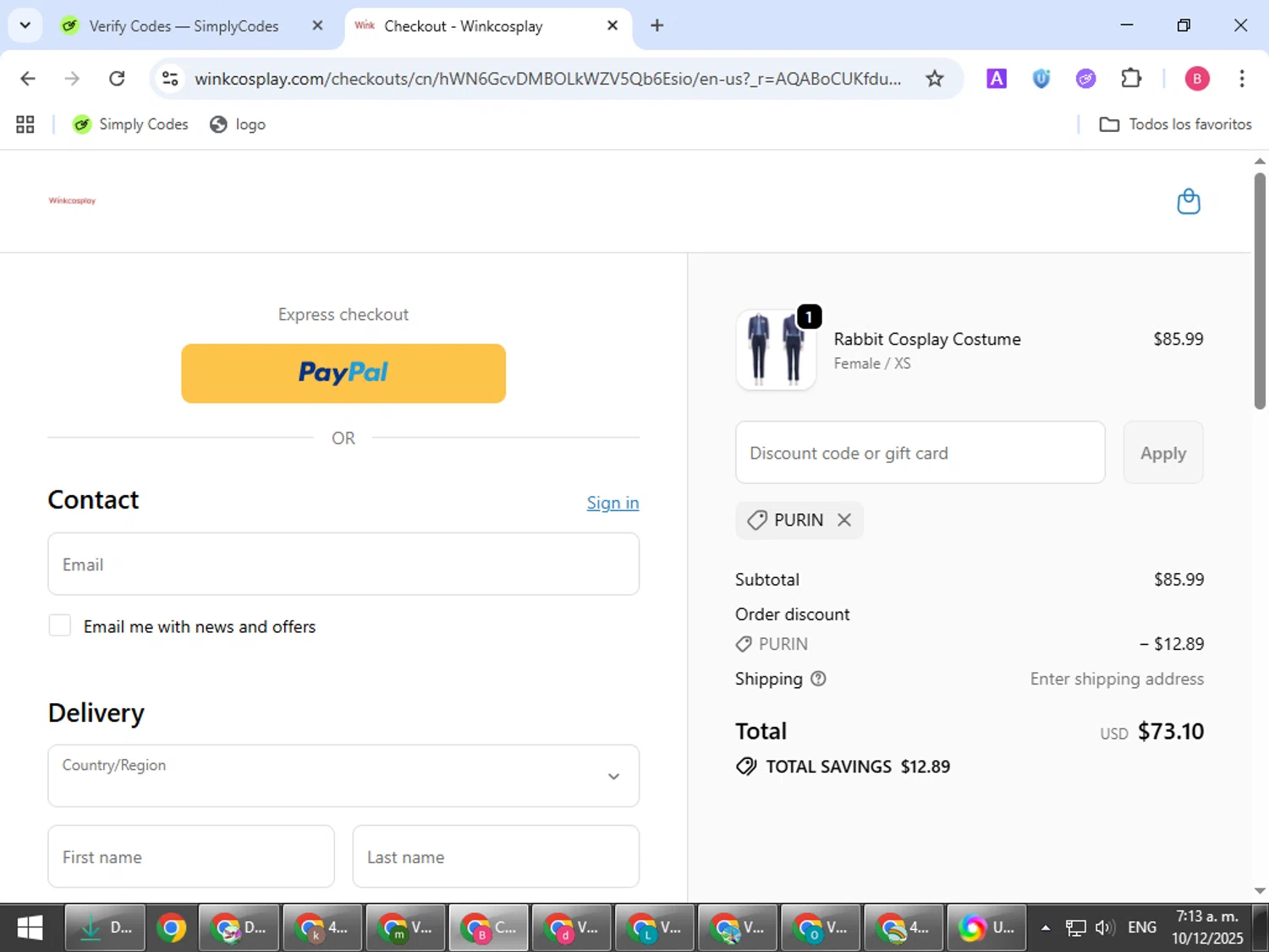 Winkcosplay promo code screenshot showing code PURIN applied at Winkcosplay checkout page. Uploaded by SimplyCodes community member bombontropical on Dec 10, 2025