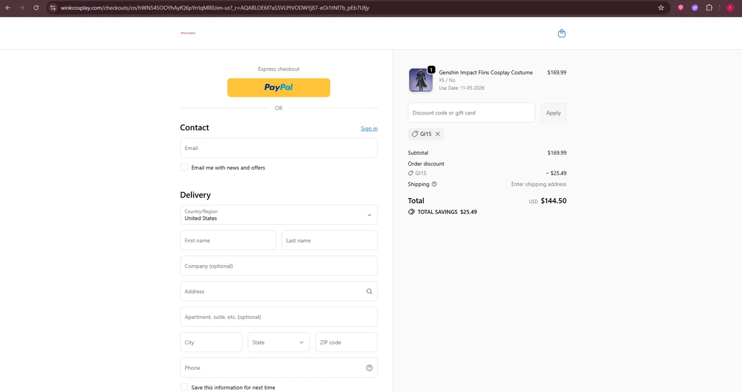 Winkcosplay promo code screenshot showing code GI15 applied at Winkcosplay checkout page. Uploaded by SimplyCodes community member LegendaryMaven4314 on Nov 8, 2025