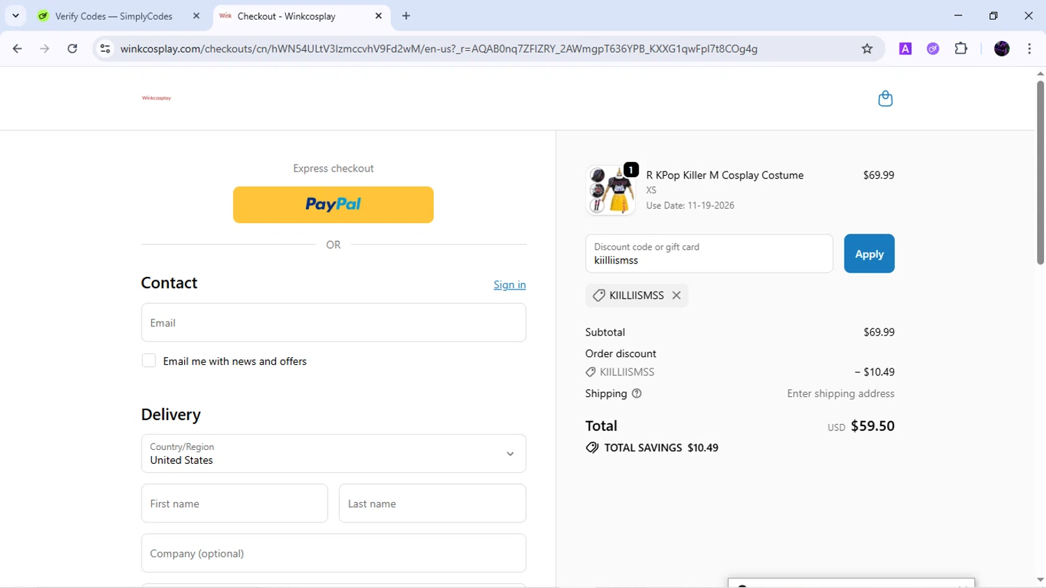 Winkcosplay promo code screenshot showing code kiilliismss applied at Winkcosplay checkout page. Uploaded by SimplyCodes community member BudgetMaven6078 on Nov 8, 2025