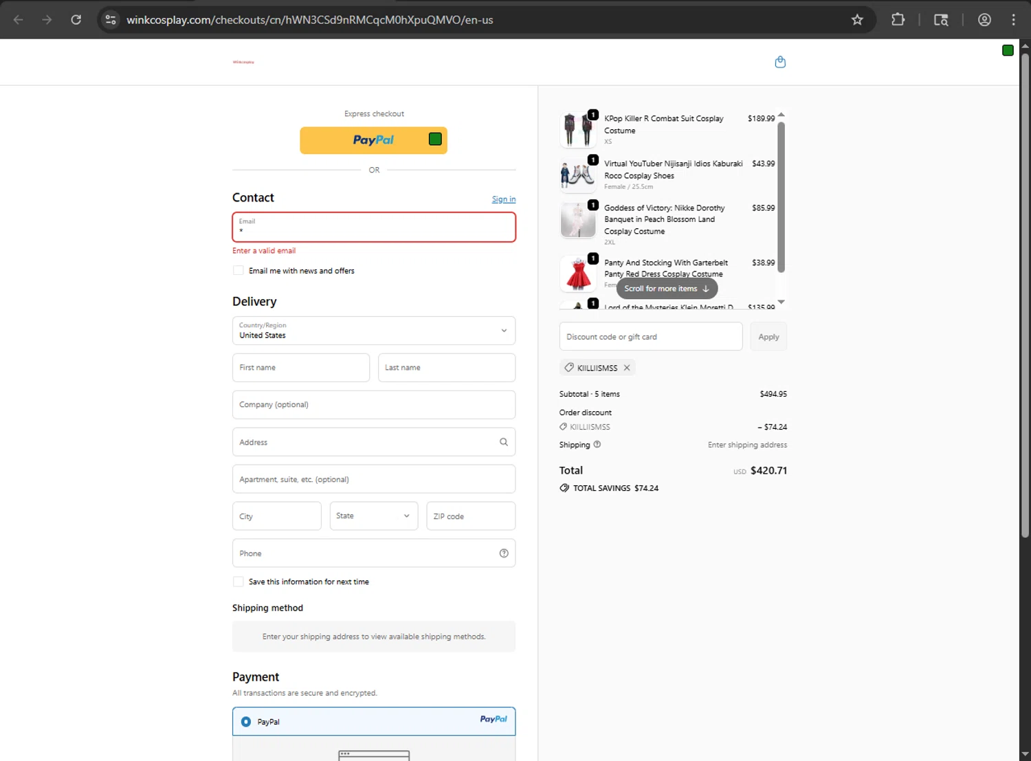 Winkcosplay promo code screenshot showing code kiilliismss applied at Winkcosplay checkout page. Uploaded by SimplyCodes community member CouponHawk7847 on Sep 20, 2025