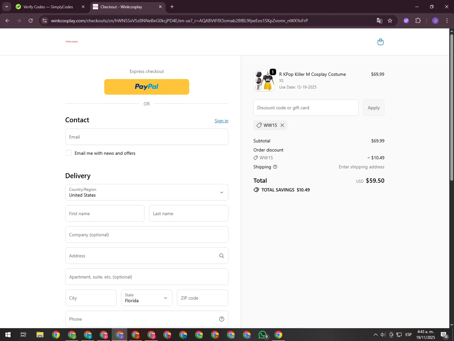 Winkcosplay promo code screenshot showing code Ww15 applied at Winkcosplay checkout page. Uploaded by SimplyCodes community member ValueHero2277 on Nov 19, 2025