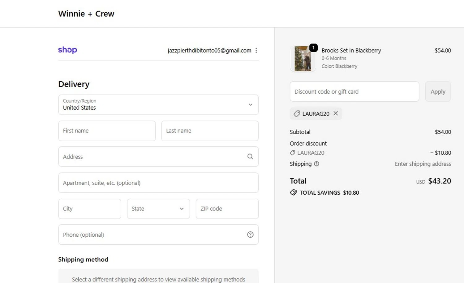 Winnie + Crew promo code screenshot showing code LAURAG20 applied at Winnie + Crew checkout page. Uploaded by SimplyCodes community member FortunateScholar5901 on Dec 10, 2025