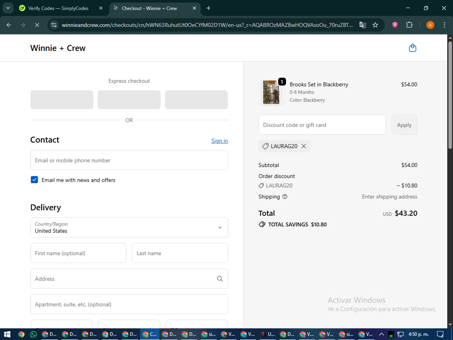 Winnie + Crew promo code screenshot showing code LAURAG20 applied at Winnie + Crew checkout page. Uploaded by SimplyCodes community member MoneyPhoenix4664 on Dec 4, 2025