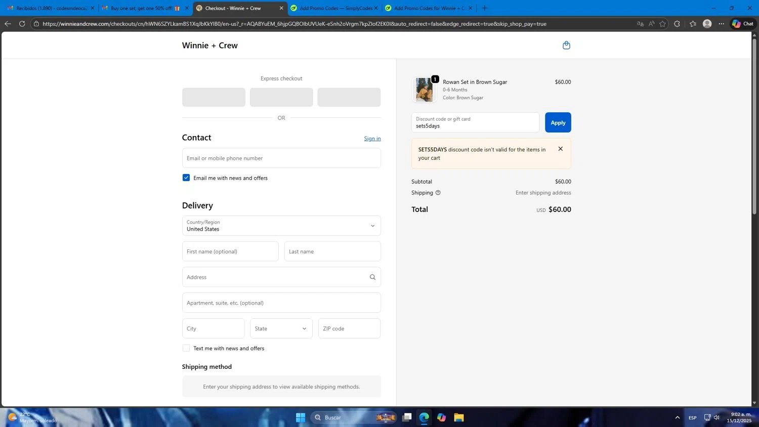 Winnie + Crew promo code screenshot showing code sets5days applied at Winnie + Crew checkout page. Uploaded by SimplyCodes community member Mdeoca on Dec 15, 2025