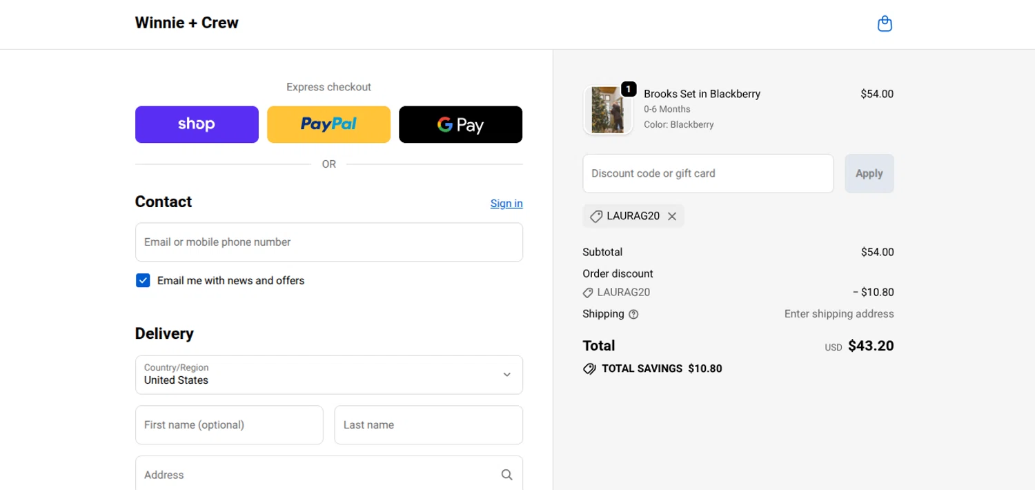 Winnie + Crew promo code screenshot showing code LAURAG20 applied at Winnie + Crew checkout page. Uploaded by SimplyCodes community member reimalave10 on Dec 2, 2025