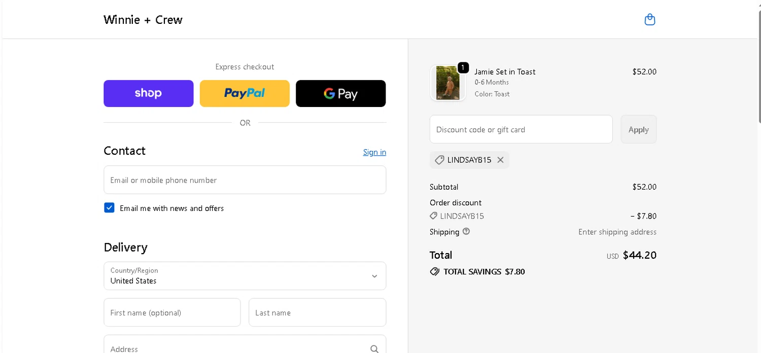 Winnie + Crew promo code screenshot showing code LINDSAYB15 applied at Winnie + Crew checkout page. Uploaded by SimplyCodes community member shark12 on Dec 8, 2025