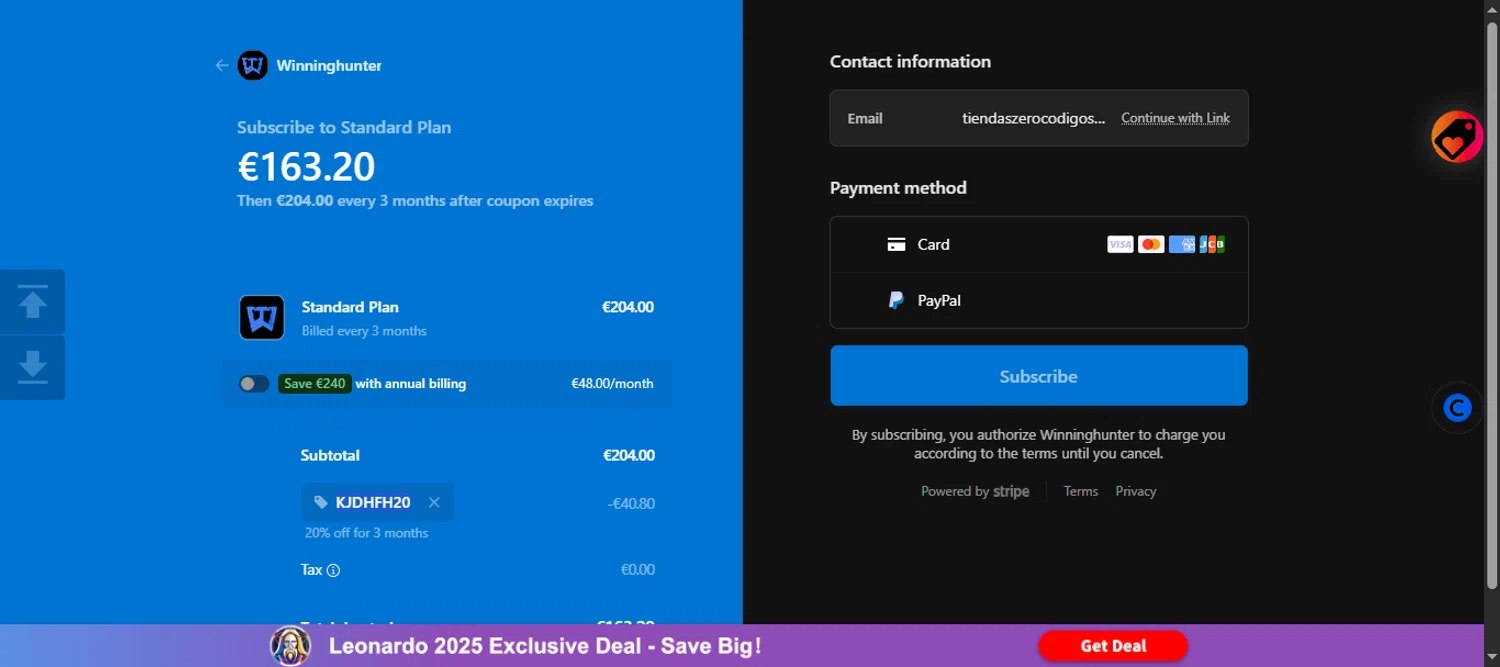 Winning Hunter discount code screenshot showing code KJDHFH20 applied at Winning Hunter checkout page. Uploaded by SimplyCodes community member 111111 on Oct 8, 2025