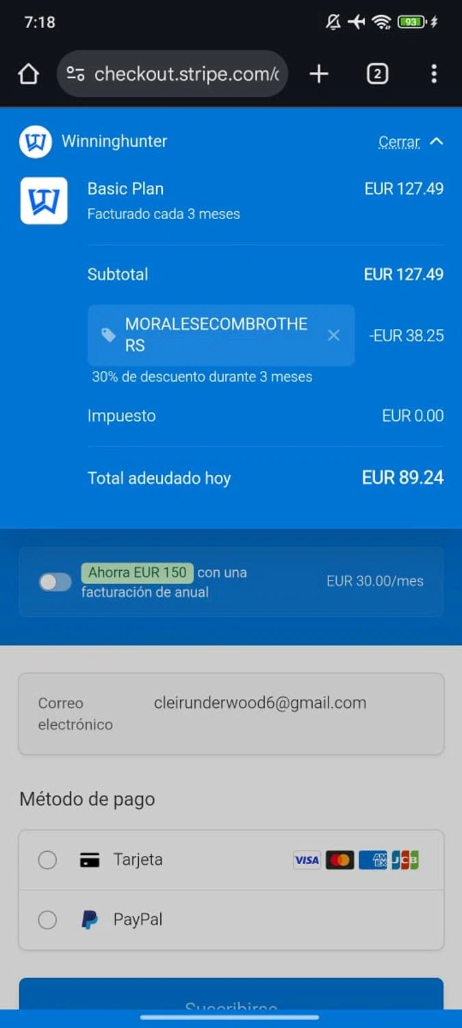 Winning Hunter discount code screenshot showing code MORALESECOMBROTHERS applied at Winning Hunter checkout page. Uploaded by SimplyCodes community member RoyalSpotter5217 on Jan 29, 2026