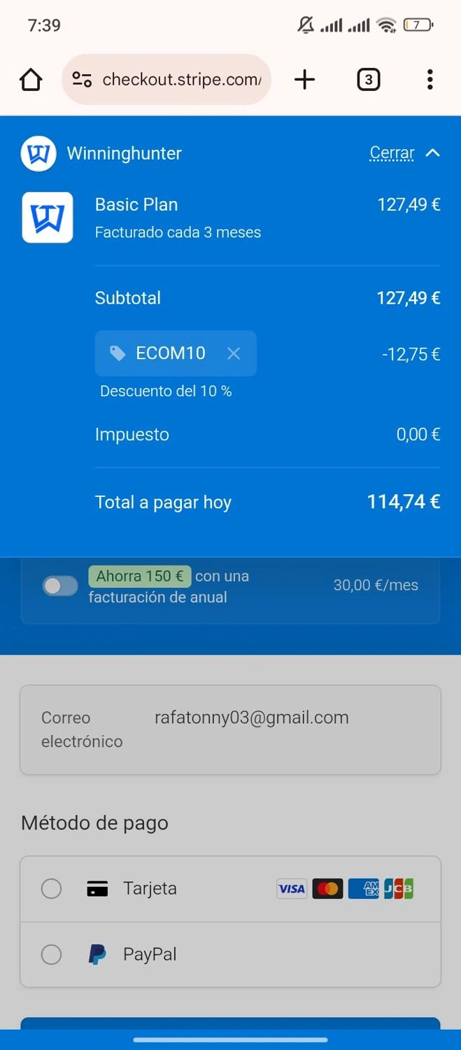 Winning Hunter discount code screenshot showing code ECOM10 applied at Winning Hunter checkout page. Uploaded by SimplyCodes community member ParisSmith on Dec 29, 2025