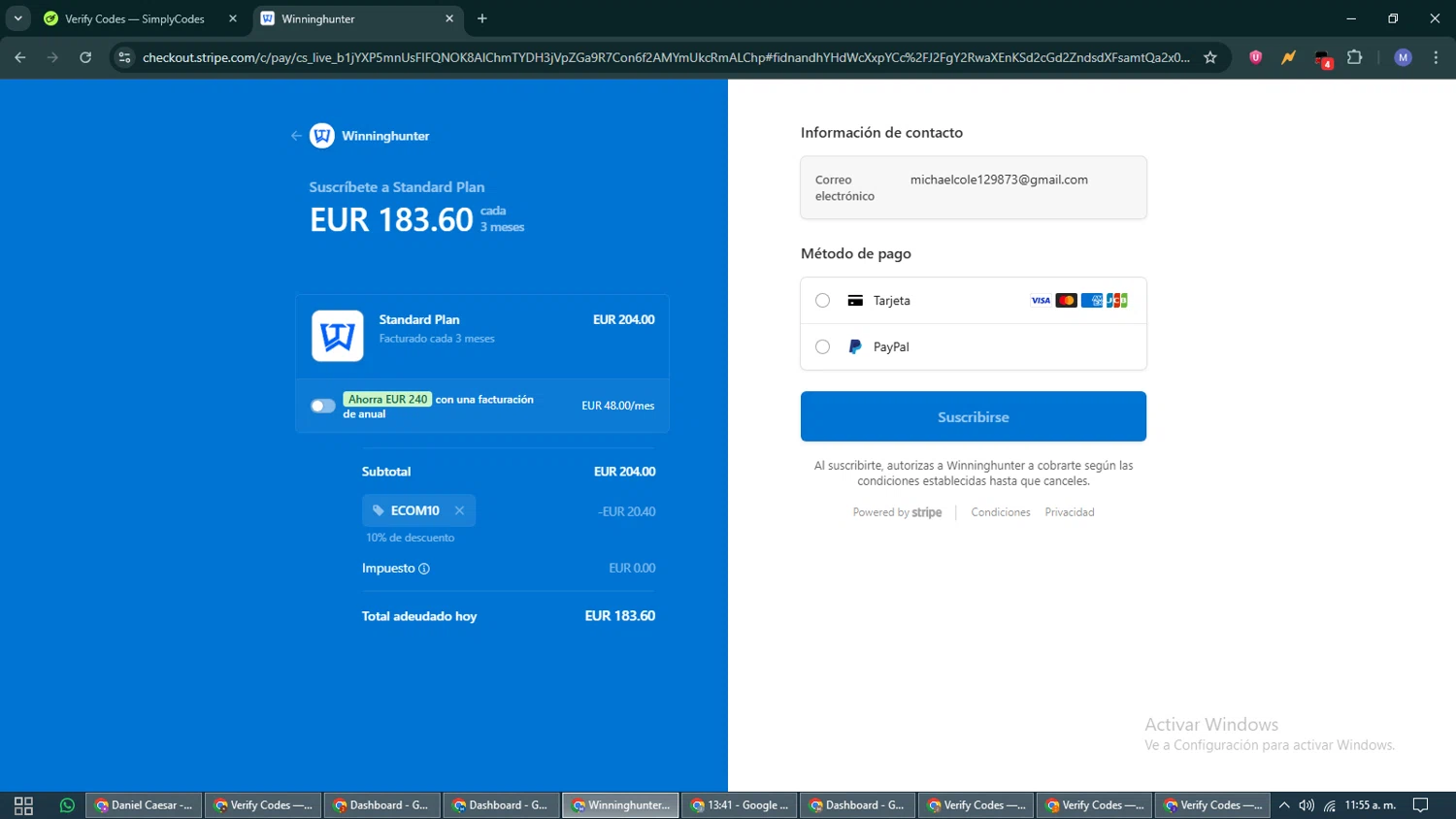 Winning Hunter discount code screenshot showing code ECOM10 applied at Winning Hunter checkout page. Uploaded by SimplyCodes community member VoucherCurator824 on Oct 31, 2025
