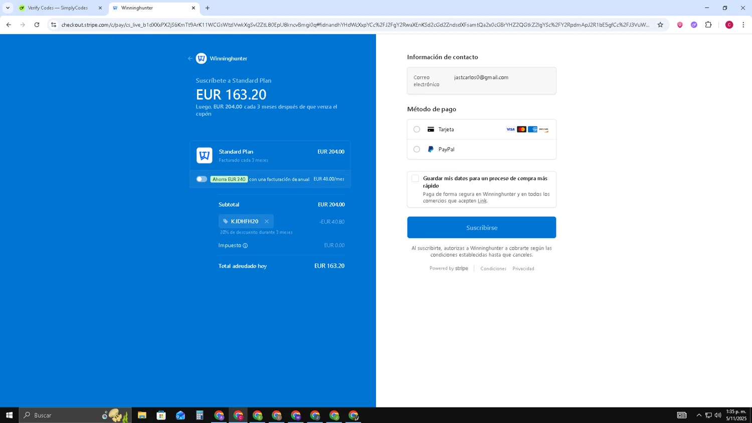 Winning Hunter discount code screenshot showing code KJDHFH20 applied at Winning Hunter checkout page. Uploaded by SimplyCodes community member TOROREX250 on Nov 5, 2025