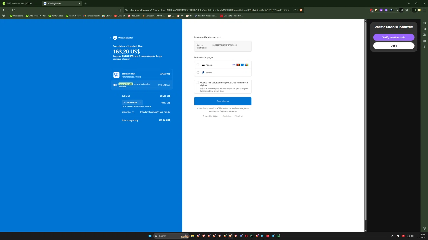Winning Hunter checkout page showing Winning Hunter discount code box | Screenshot taken by SimplyCodes community member on Jan 2, 2026