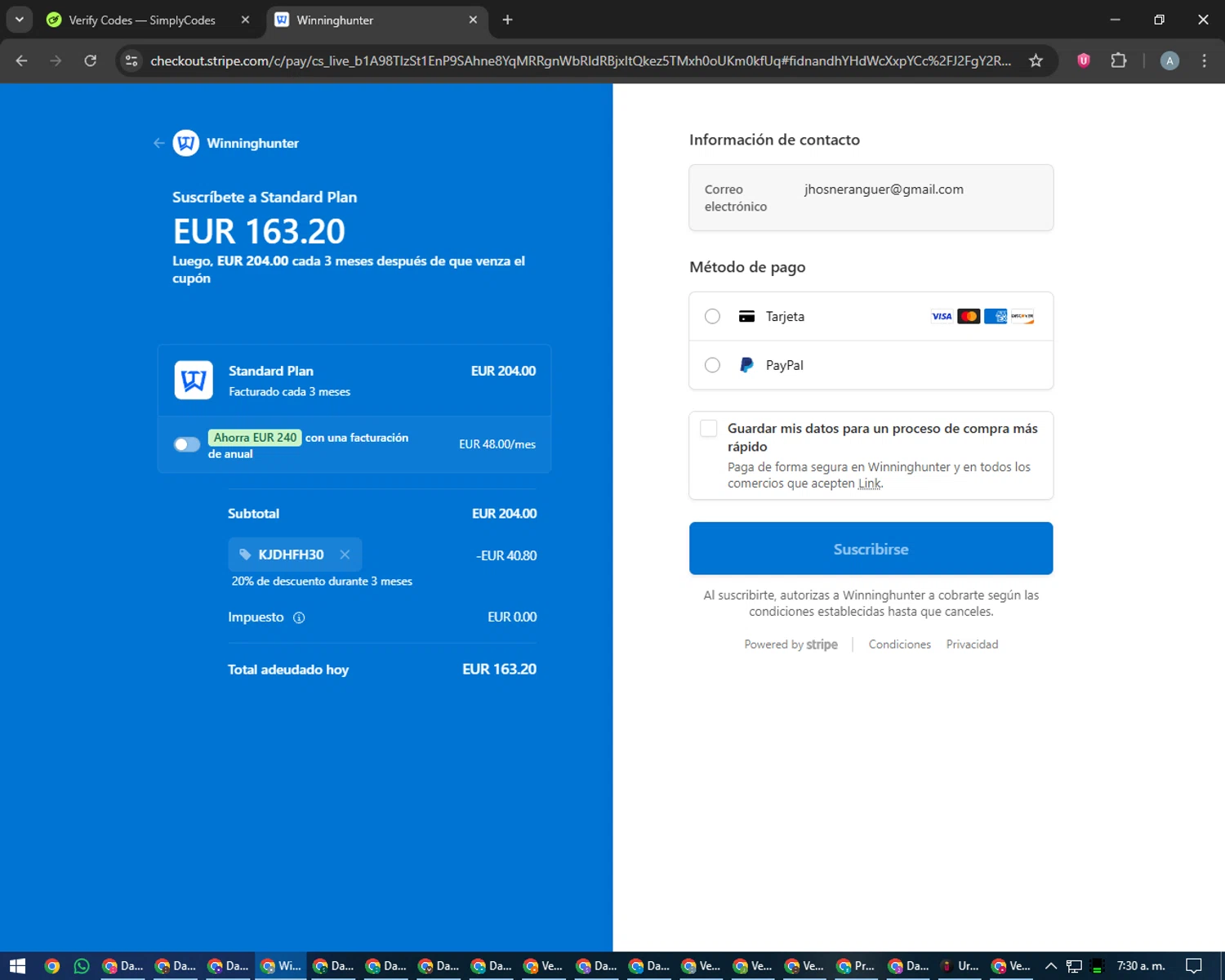 Winning Hunter checkout page showing Winning Hunter discount code box | Screenshot taken by SimplyCodes community member on Jan 31, 2026