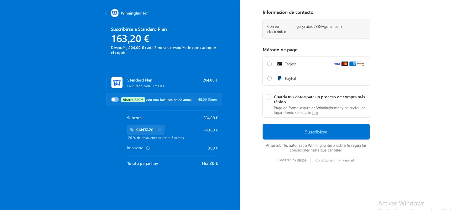 Winning Hunter discount code screenshot showing code SANTA20 applied at Winning Hunter checkout page. Uploaded by SimplyCodes community member CRYSTALSUICINE on Feb 14, 2026