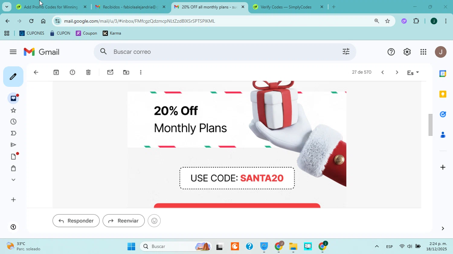 Winning Hunter discount code screenshot showing code SANTA20 applied at Winning Hunter checkout page. Uploaded by SimplyCodes community member jorgejavierherrera on Dec 18, 2025