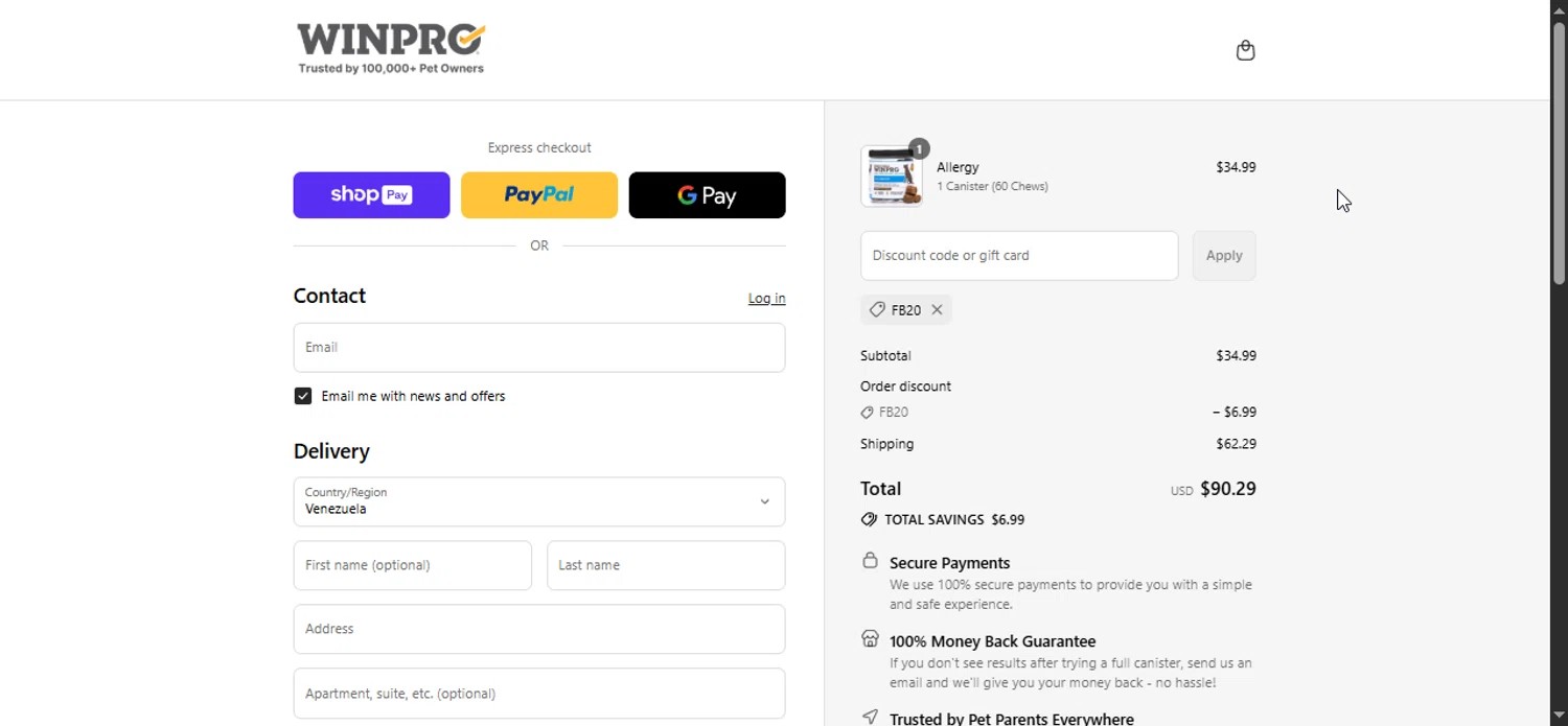 Winpro discount code screenshot showing code FB20 applied at Winpro checkout page. Uploaded by SimplyCodes community member LuckyPioneer1027 on Jul 27, 2025