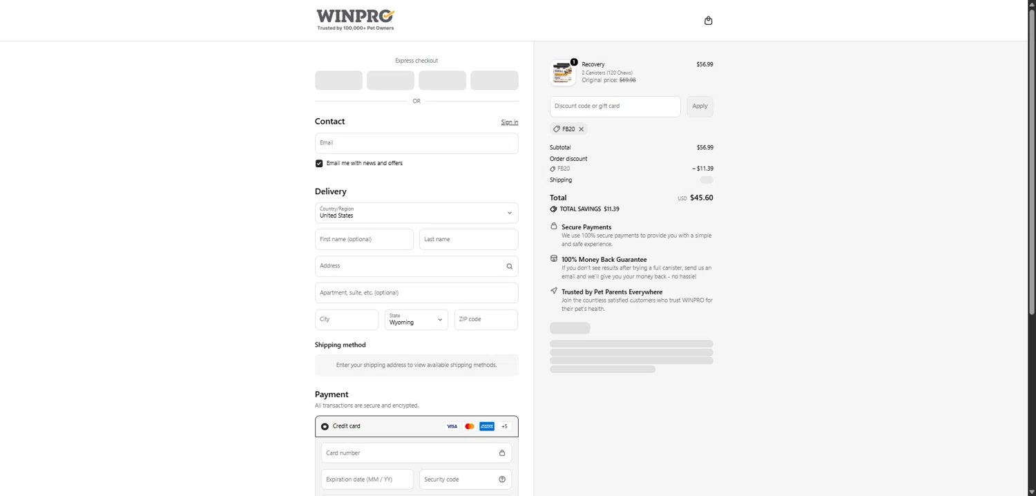 Winpro discount code screenshot showing code FB20 applied at Winpro checkout page. Uploaded by SimplyCodes community member RobertWalter on Dec 10, 2025