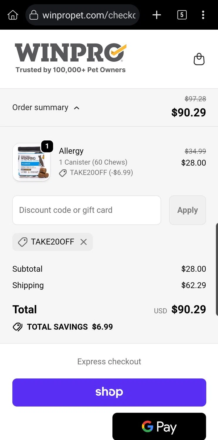 Winpro discount code screenshot showing code TAKE20OFF applied at Winpro checkout page. Uploaded by SimplyCodes community member Carloslvz on Oct 3, 2025