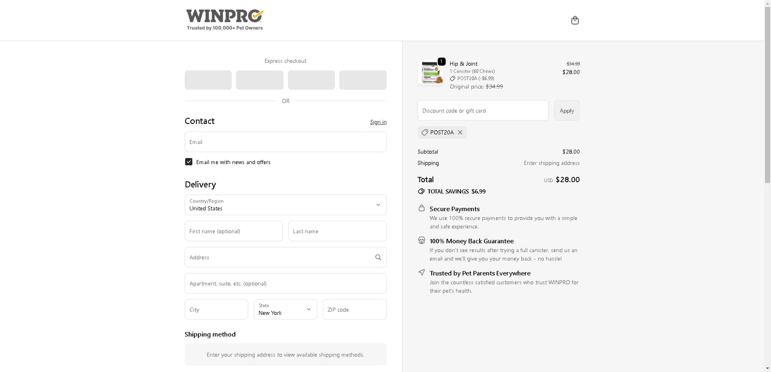 Winpro discount code screenshot showing code POST20A applied at Winpro checkout page. Uploaded by SimplyCodes community member BargainCurator5453 on Oct 10, 2025
