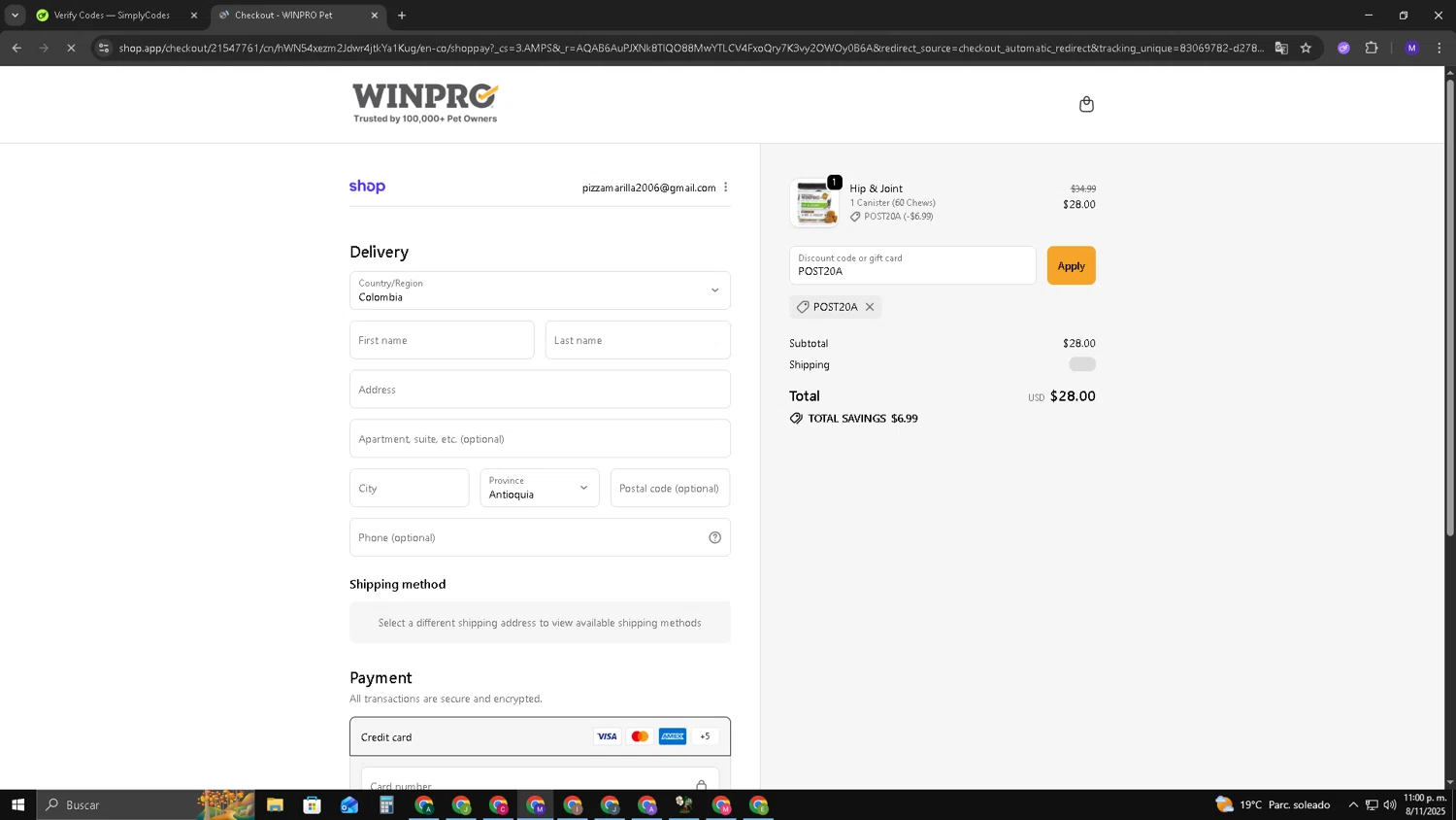 Winpro discount code screenshot showing code POST20A applied at Winpro checkout page. Uploaded by SimplyCodes community member CRF250CC on Nov 9, 2025