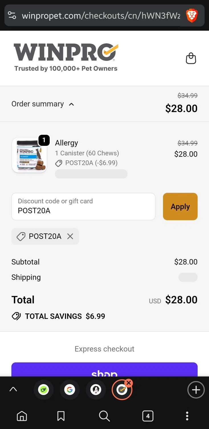 Winpro discount code screenshot showing code POST20A applied at Winpro checkout page. Uploaded by SimplyCodes community member GoldLynx7797 on Oct 3, 2025