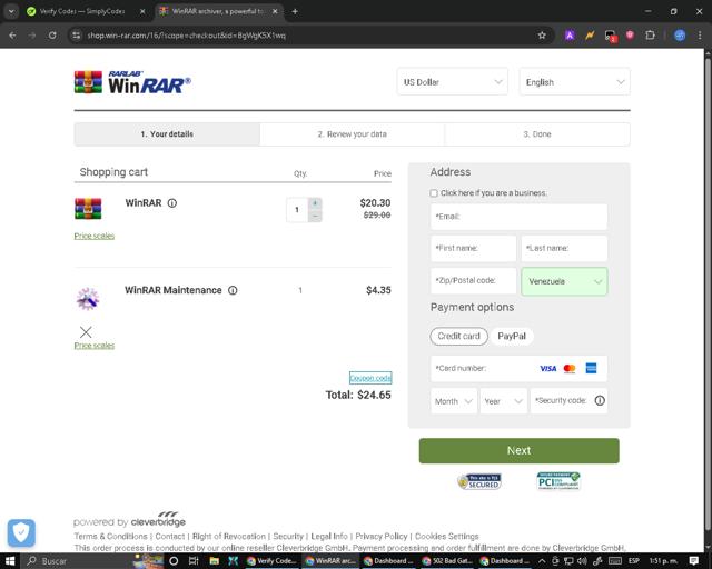 WinRAR checkout page showing WinRAR promo code box | Screenshot taken by SimplyCodes community member on Sep 5, 2025