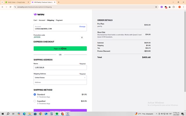 WIN Reality checkout page showing WIN Reality promo code box | Screenshot taken by SimplyCodes community member on Feb 21, 2025