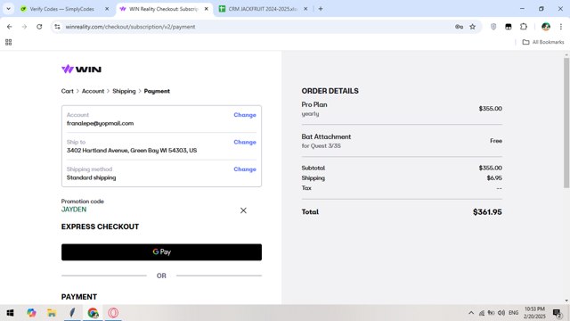 WIN Reality checkout page showing WIN Reality promo code box | Screenshot taken by SimplyCodes community member on Feb 21, 2025