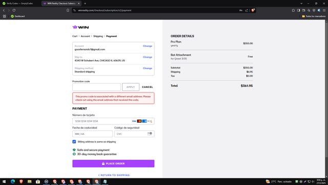 WIN Reality checkout page showing WIN Reality promo code box | Screenshot taken by SimplyCodes community member on Feb 28, 2025