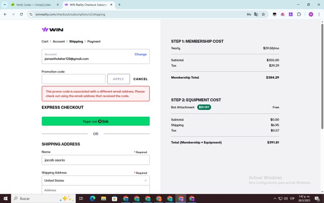 WIN Reality checkout page showing WIN Reality promo code box | Screenshot taken by SimplyCodes community member on Mar 28, 2025